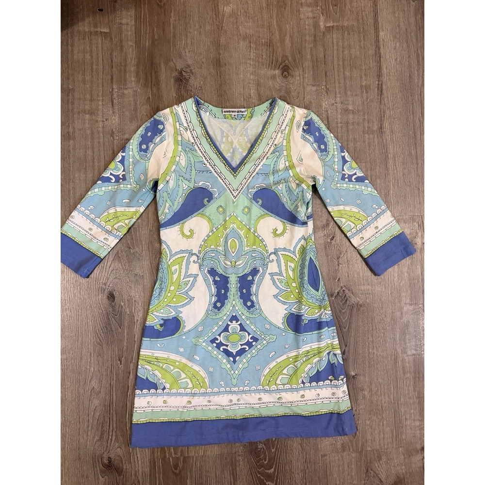 Barbara Gerwit Dress Womens M Multicolor V Neck 3/4 Sleeve Shift Beach Print
